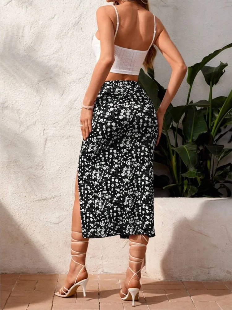 Frauen Röcke Zwei Stück Set Sommer Mode Slim Fit Einfarbig Strap Top + Floral Print Split Bodycon Kordelzug Midi rock Sets