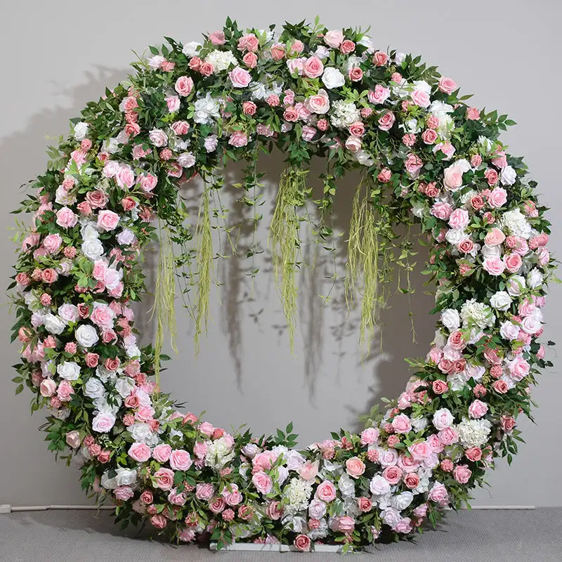 

3D custom series Pink and white rose Hydrangea green leaf artificial mixed heart flower wall wedding banquet event decoration