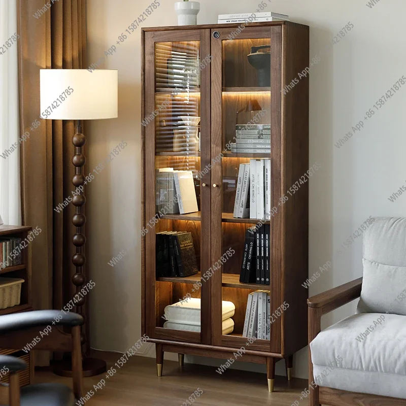 J North American Black Walnut Bookcase, All Solid Wood Combination Glass Display Case, Floor-to-ceiling Wine Cabinet, TV Side, N