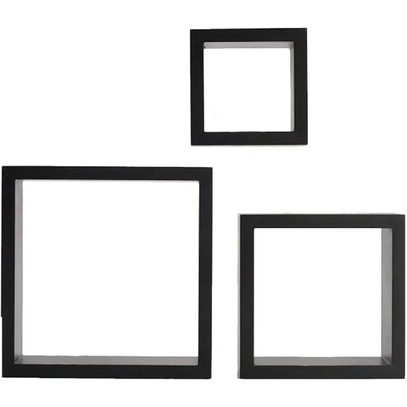 

Floating Wall Square Cube Shelves for Bedroom, Living Room, Bathroom, Kitchen - Wood, Set of 3, Black