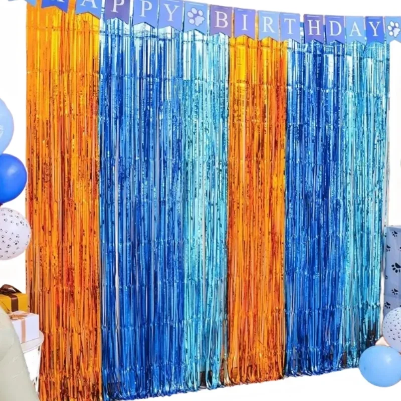 Cortinas con flecos de aluminio para perro, suministros para fiesta de cumpleaños, telón de fondo para tema de sirena bajo el mar, decoración de fiesta de revelación de género, color naranja y azul
