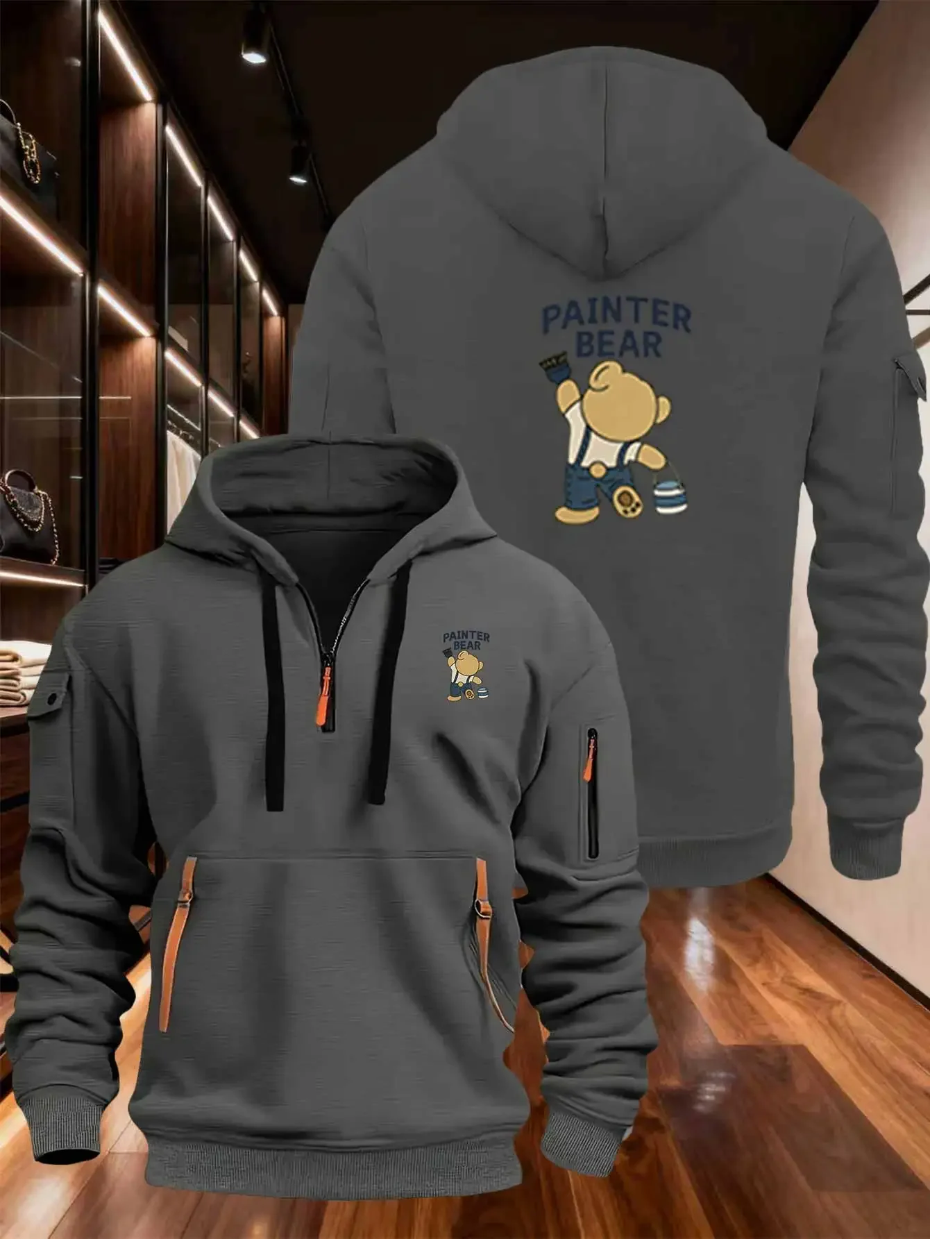 Multi pocket zipper long sleeved men's and women's spring and autumn hoodies cute teddy bear painter pattern printed warm fabric
