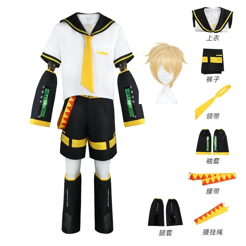 RT01 Rin Len Cosplay Anime Kcagamine Rin Len Cosplay Costumes Brother Sister JK Uniform Halloween Party Yellow Wigs Top Pant&Gf1