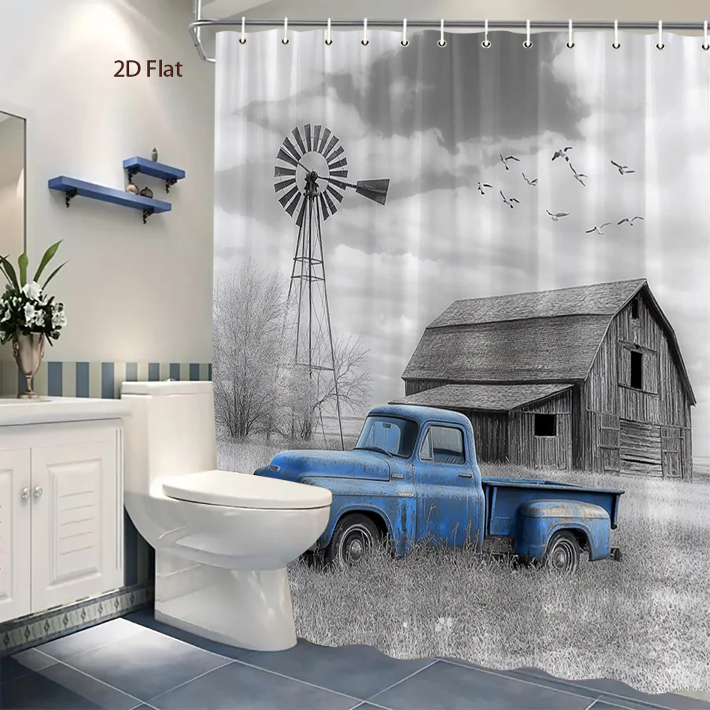 Vintage Farm Scene Shower Curtain Rustic Country Barn Tractor Windmill Bathroom Decor Wall Art
