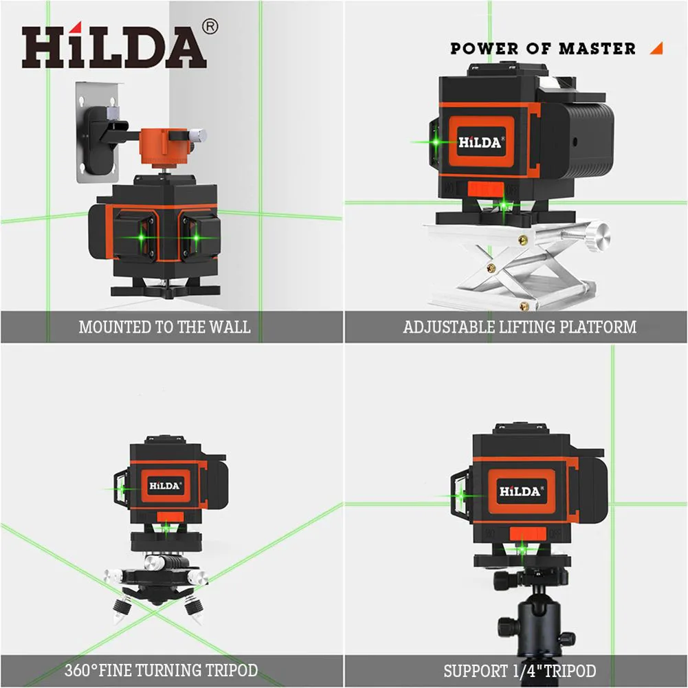 HILDA 3°/4D Laser Level 16/12 Lines Self-Leveling 360 Horizontal And Vertical Cross Super Powerful Green Laser Beam Line