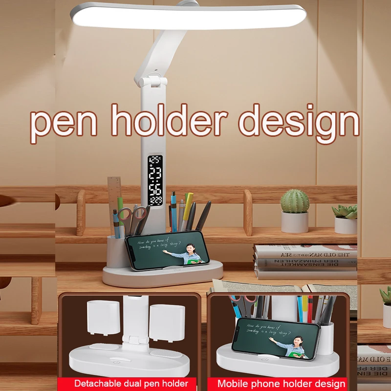 Desk Led Lamp Clock USB Chargeable Dimmable Desk Lamps with Pencil Holder 180 Rotate Eye Protection Desktop Reading Night Lights