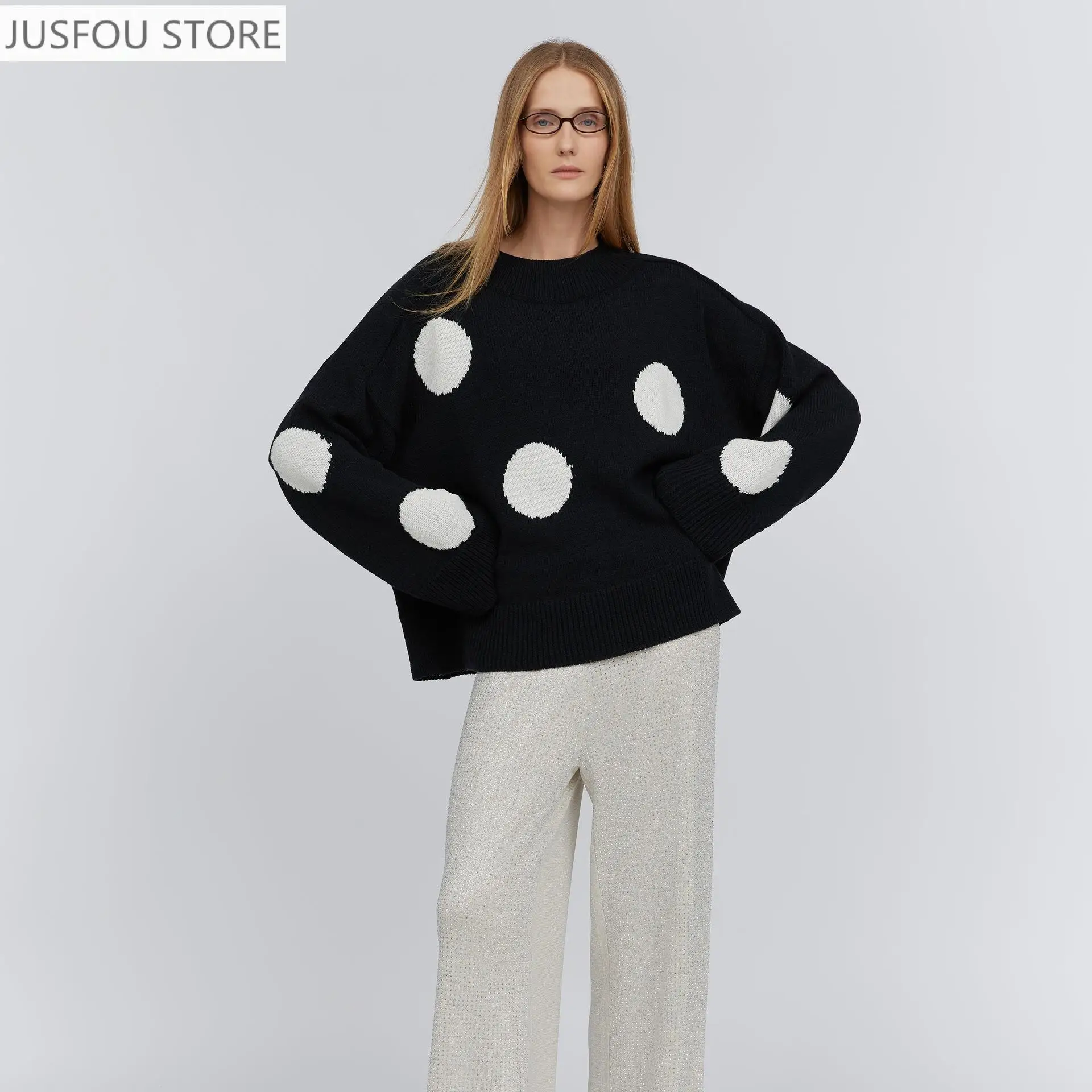 Herbst Rundhals Polka Dot Modische Rundhals Pullover Pullover Frauen Lose und Chic Pullover Gestrickte Bodenbildung Shirt Top