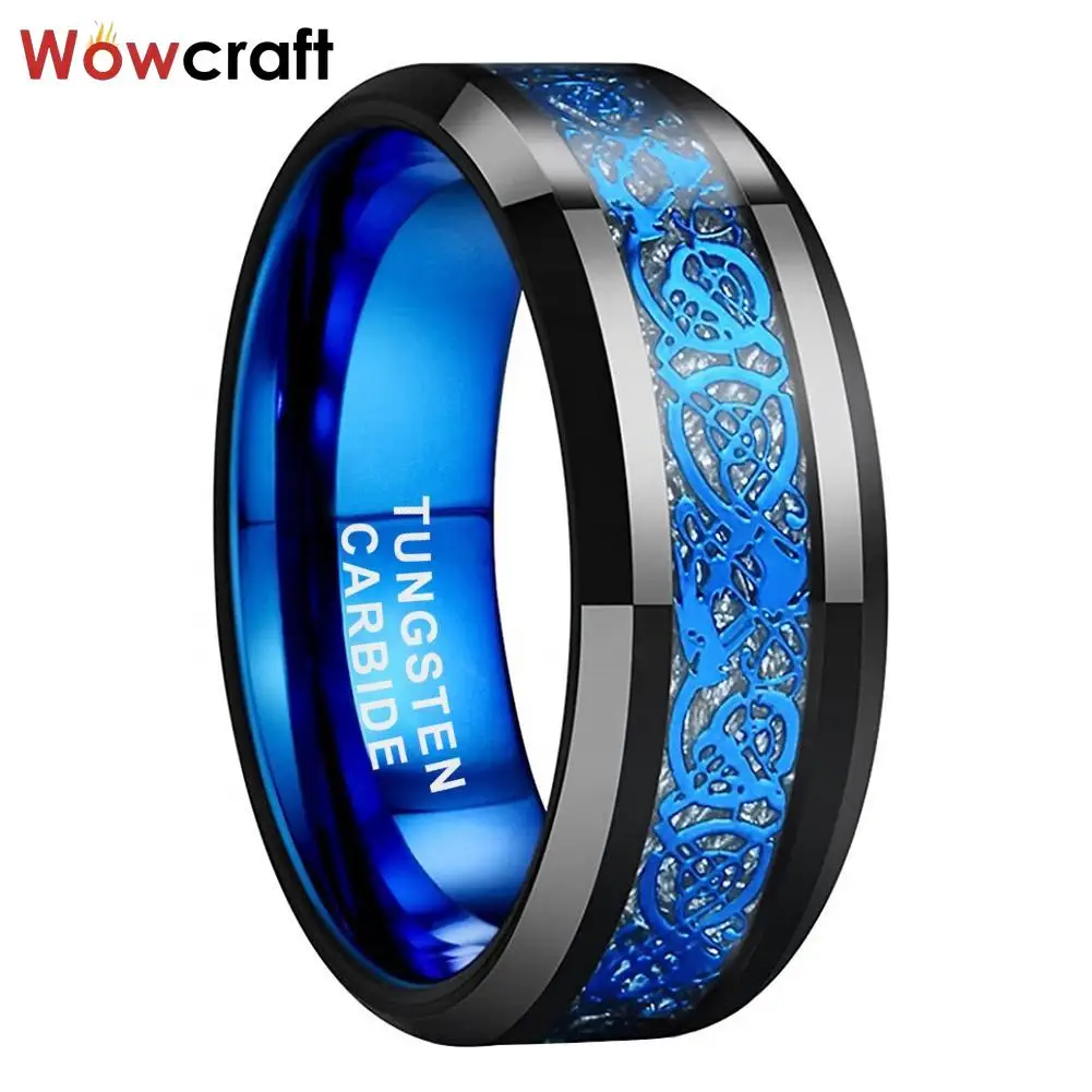 Black Blue Plated Tungsten Men Wedding Band Women Ring Dragon Meteorite Inlay Beveled Edges Comfort Fit