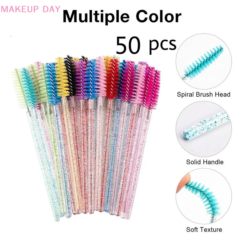 50 Stuks Glanzende Wegwerp Wimper Borstel Applicator Wands Krultang Mascara Wenkbrauw Make-Up Tools Kam Toverstokken Spoelen Borstels