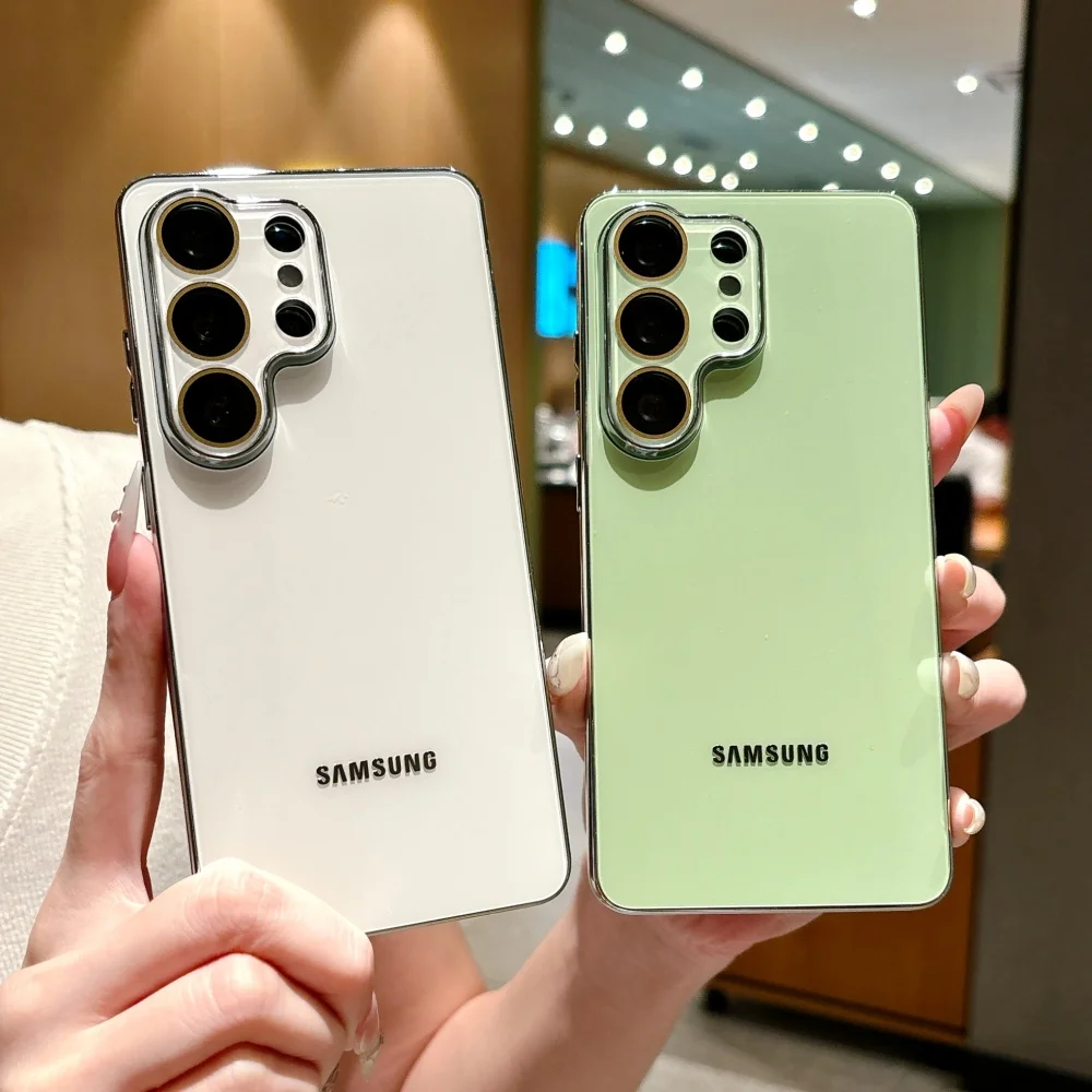 Image of Luxuriöse Einfarbige Glas-Handyhülle für Samsung S26 S25 Ultra S24 FE S23Ultra mit Galvanisiertem TPU-Rahmen und Linsenschutz