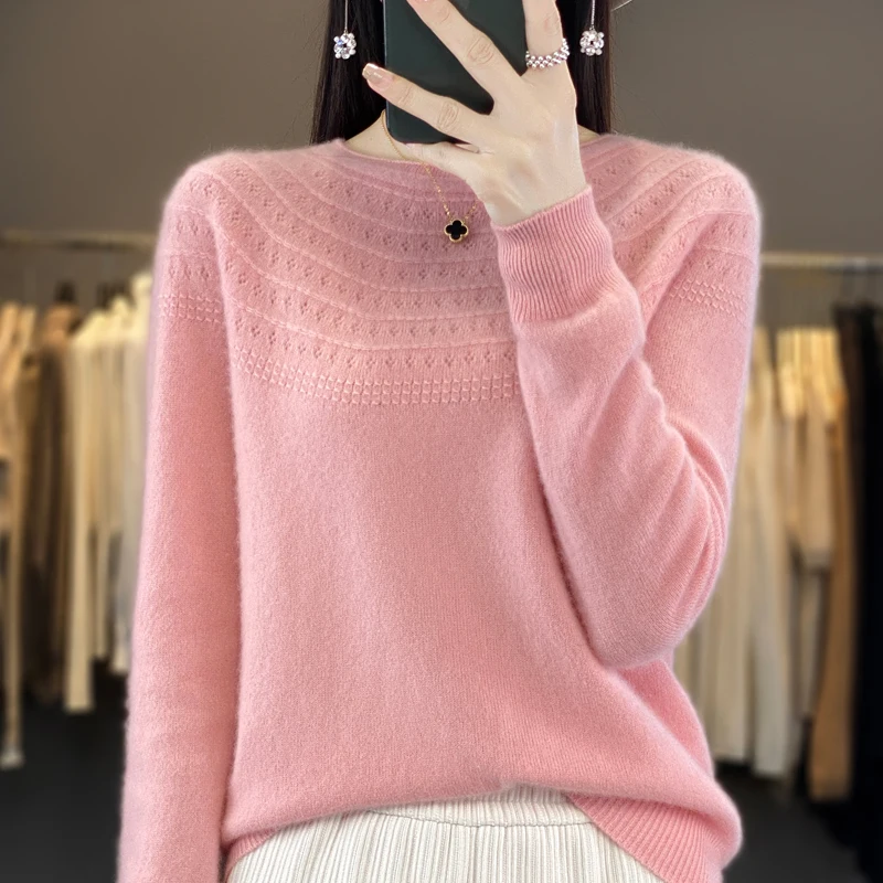 Autumn and winter new ladies 100% pure wool knitted O-neck solid color long sleeve loose slim fashion Joker pullover