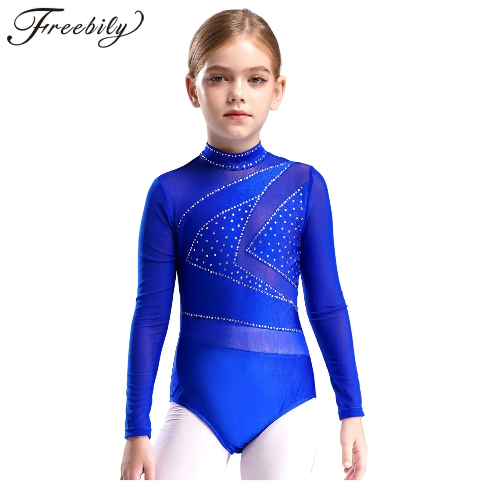 Children's Girls Gymnastics Jumpsuit Kids Figure Skating Bodysuit Costume Sheer Mesh Long Sleeve Cutout Ballet Gymnastic Leotard