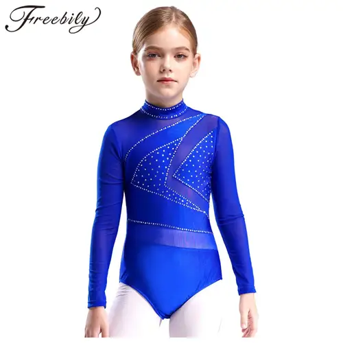 Mono de gimnasia para niñas, traje de patinaje artístico para niños, traje de malla transparente de manga larga recortado, leotardo gimnástico de Ballet