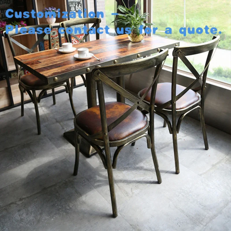 custom.Retro Industrial Metal Fast Food Restaurant Furniture Wooden Cafe bar Hotel Dining Table Set 4 Chairs