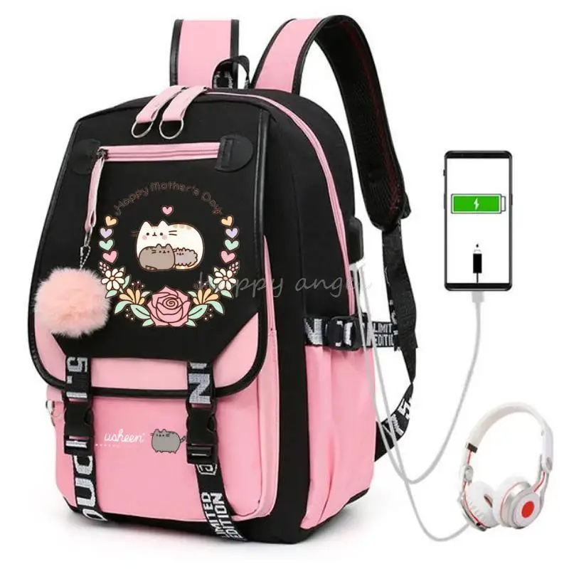 Hot Fat Cat Backpack Girl School Bag for Teenage College Wind Women SchoolBag High Student Bag Purple Canvas Bundle Usb Backpack