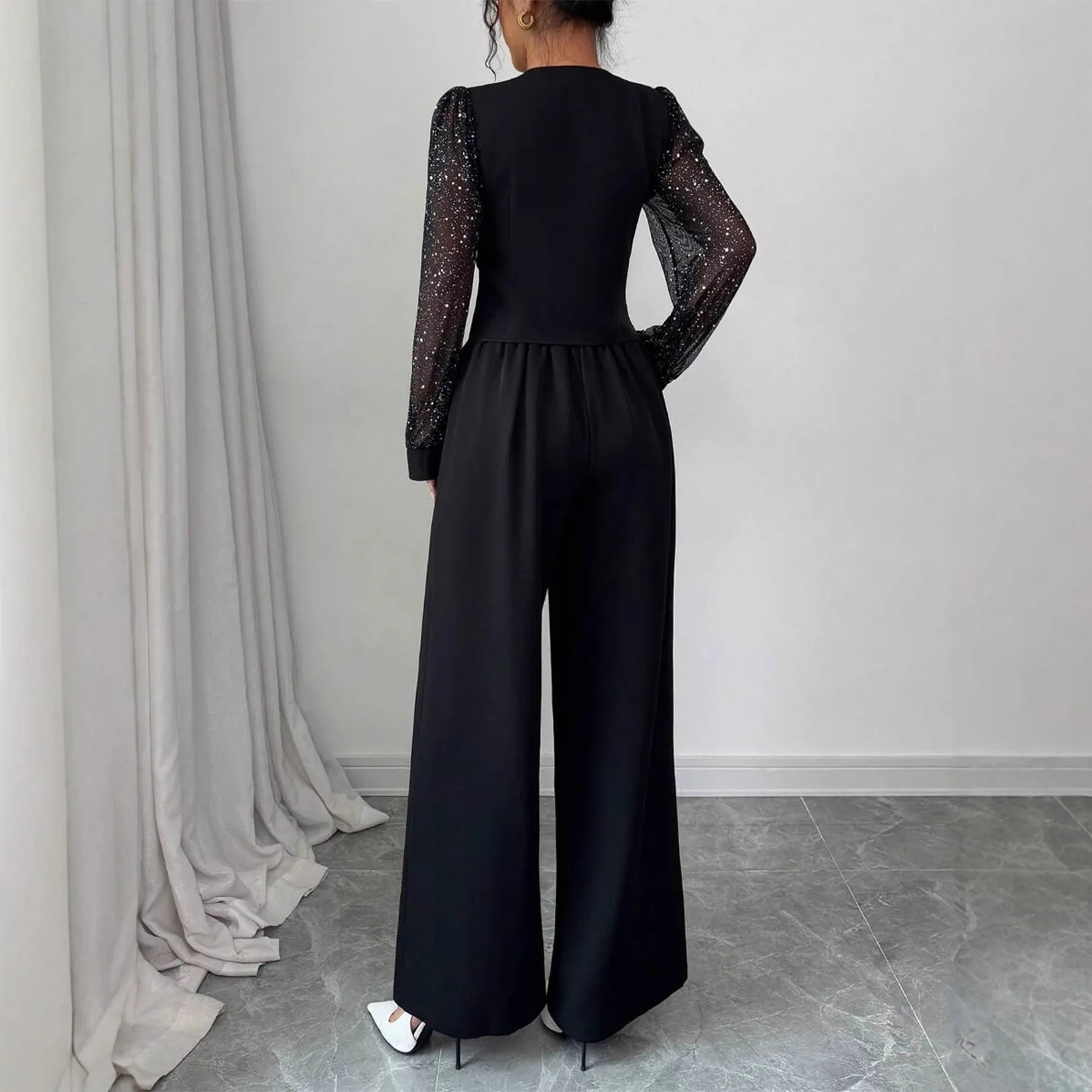 Women's Solid Color Sequin V-neck Buttoned Waist-cinching Long-sleeve Top With Wide-leg Trousers Two-piece Set Maxi Robe