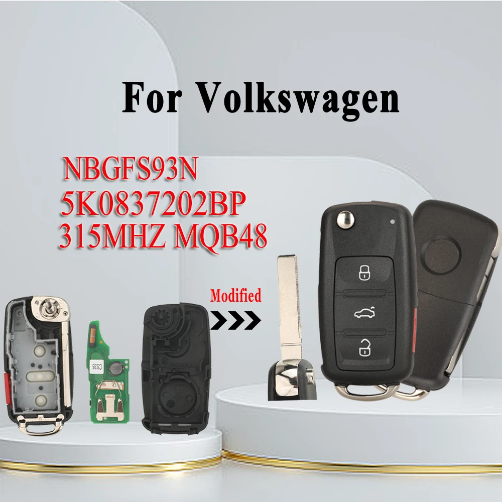 

jingyuqin New product 4Buttons 315mhz MQB48 Fully intelligent For Volkswagen,3+1 key 5K0837202BP NBGFS93N Folding remote Car key