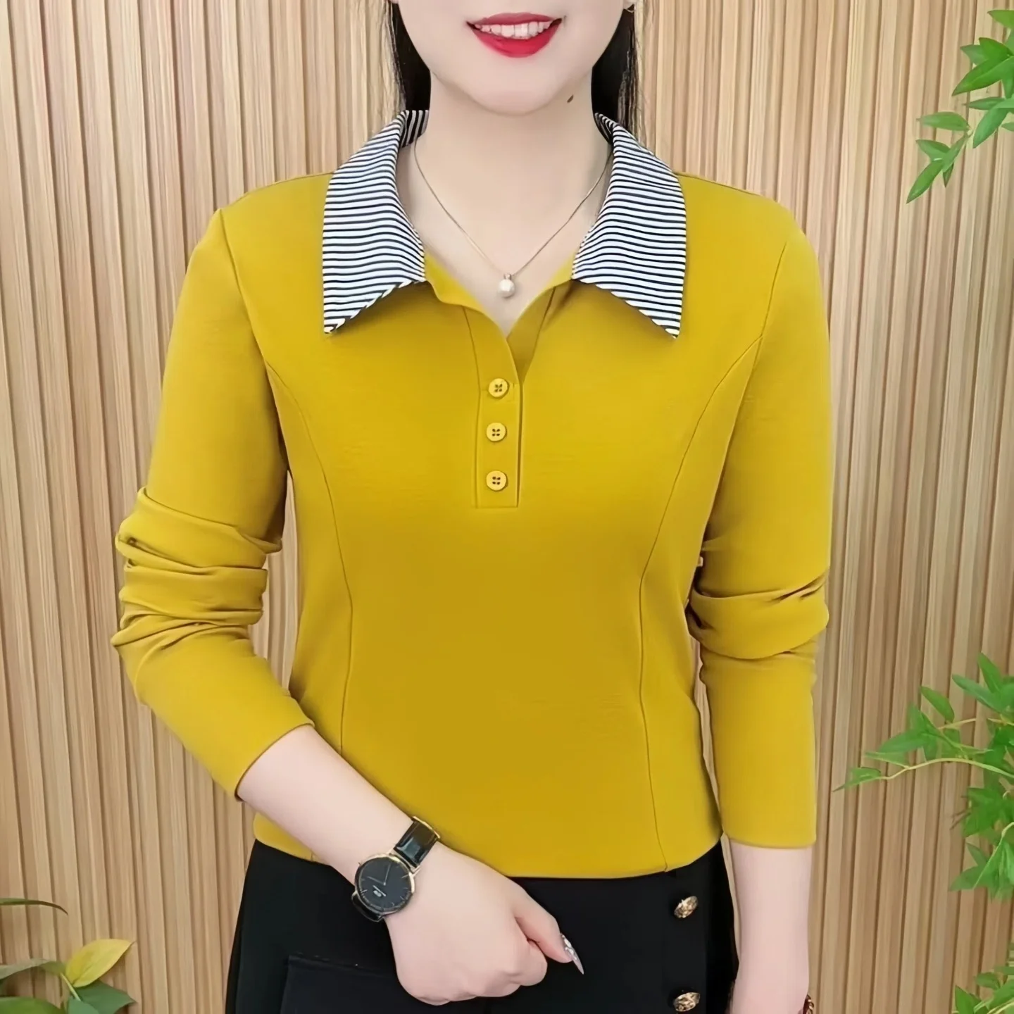 Fashionable Casual Long Sleeve Turn-down Collar T-shirt for Middle-aged And Elderly Women Spring Autumn New Style Mom Clothes