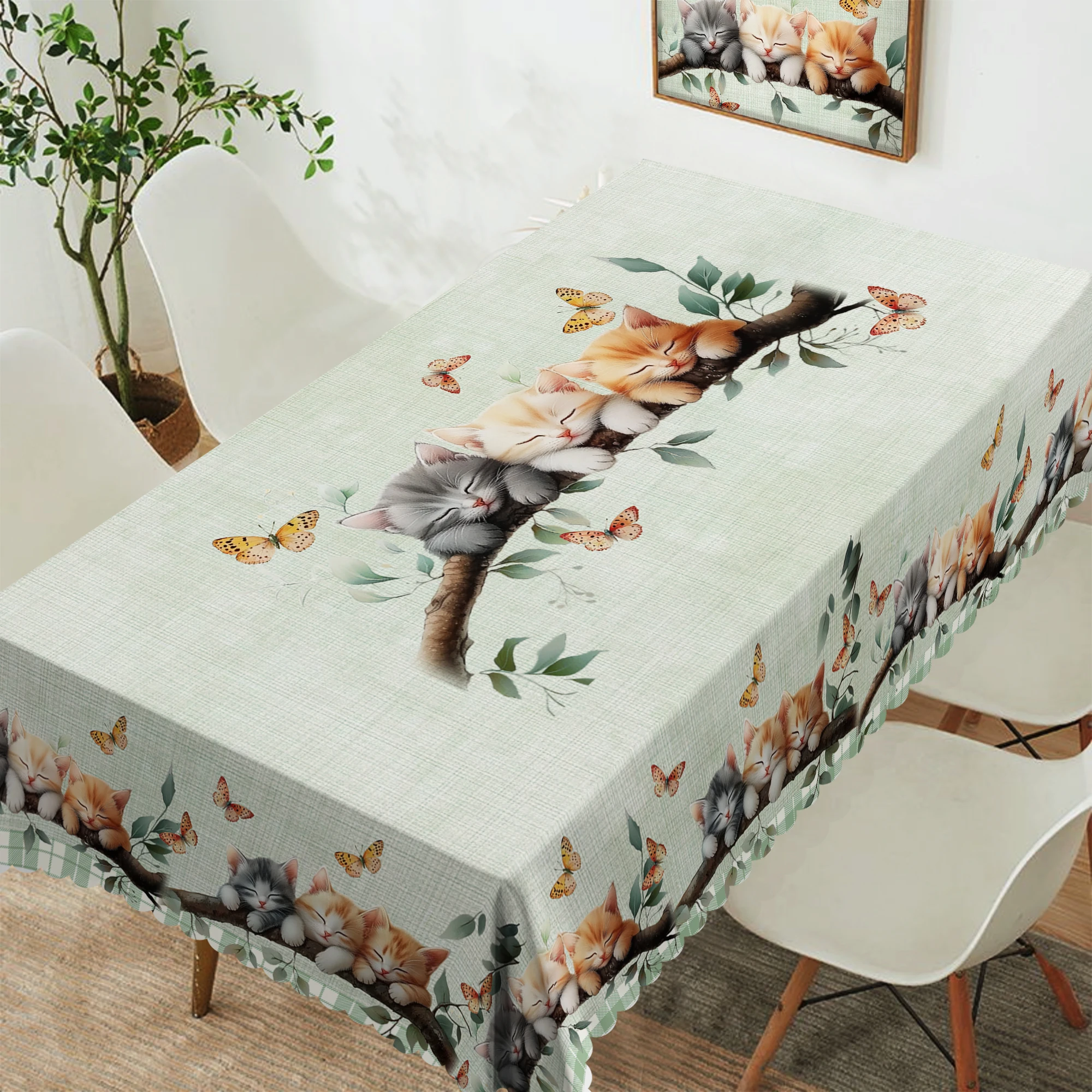 مفرش طاولة ناعم ولطيف على شكل قطة، مع طباعة من ثلاثة قطط لتزيين طاولة القهوة في فرع، فراشات راقصة، حواف منقوشة، مقاومة للماء، مقاومة للتجاعيد، مناسبة لطاولات القهوة المستطيلة والحفلات الخارجية، ديكور المنزلية والربيع والخريف والشتاء ص-083 #6
