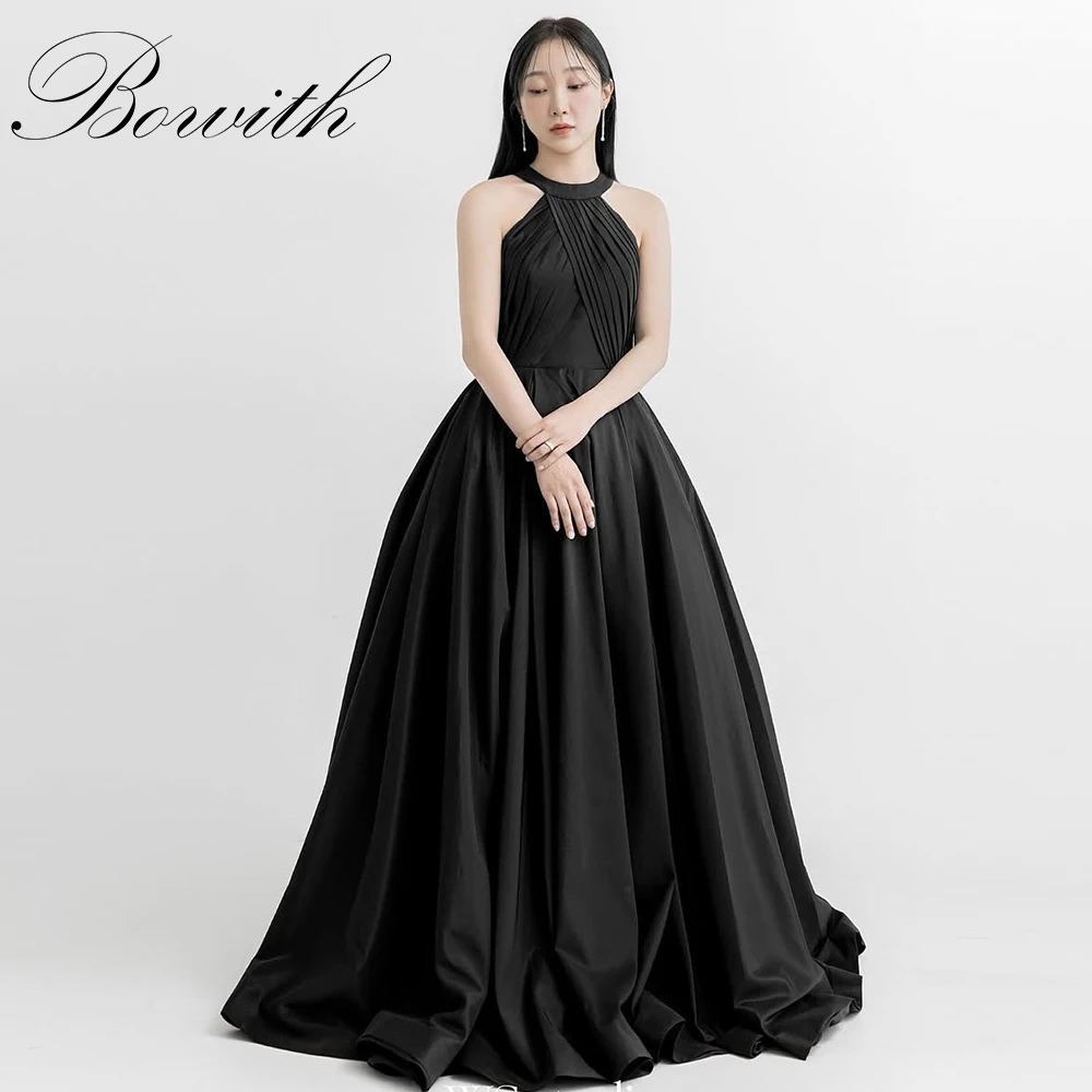 

Bowith Halter Black Evening Dresses Korean Photoshoot A Line Sleeveless Wedding Party Gowns Floor Length Customized