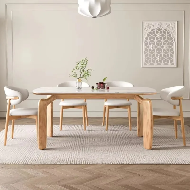 Classic Simple Light Luxury Dining Table With Sintered Stone Top Dining Room Table Modern Nordic Wooden Dinner Room Table Set