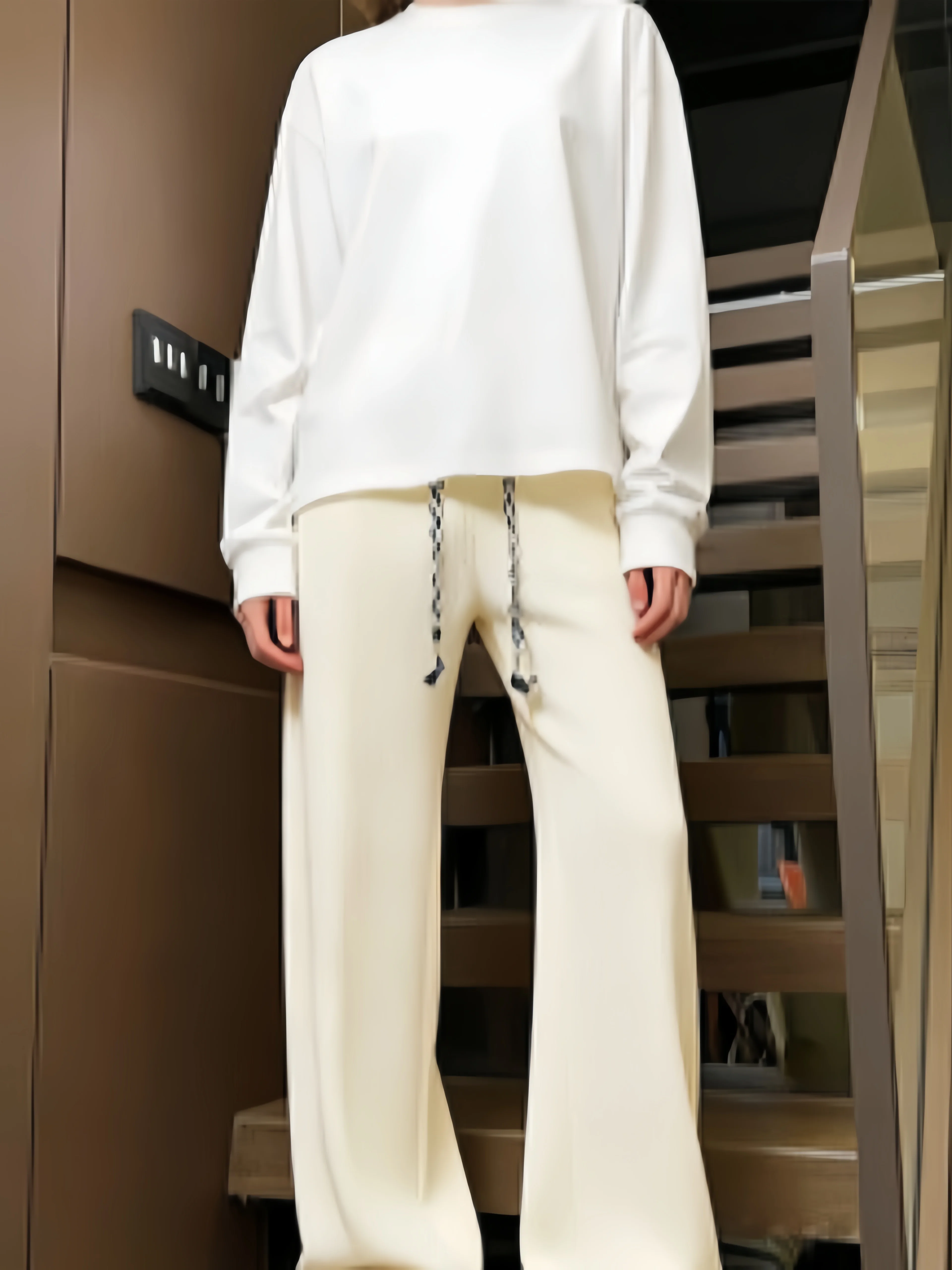 Women's solid-color waffle-textured casual pants - high-waisted, loose-fitting, wide-leg pants with drawstring closure
