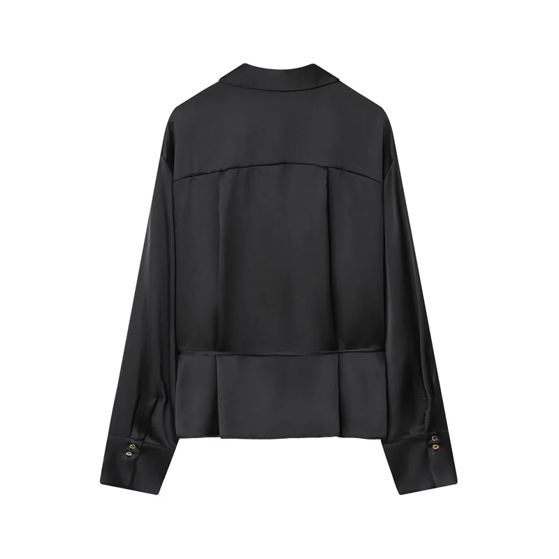 เสื้อเชิ้ตผู้หญิง คอลเลคชั่นฤดูใบไม้ร่วง 2025 รุ่นใหม่ล่าสุด สีดำ แขนยาว ผ้าซาติน ผูกโบว์ สไตล์เรียบง่าย เสื้อเชิ้ตแฟชั่นลำลอง สวยสง่าและสง่างาม