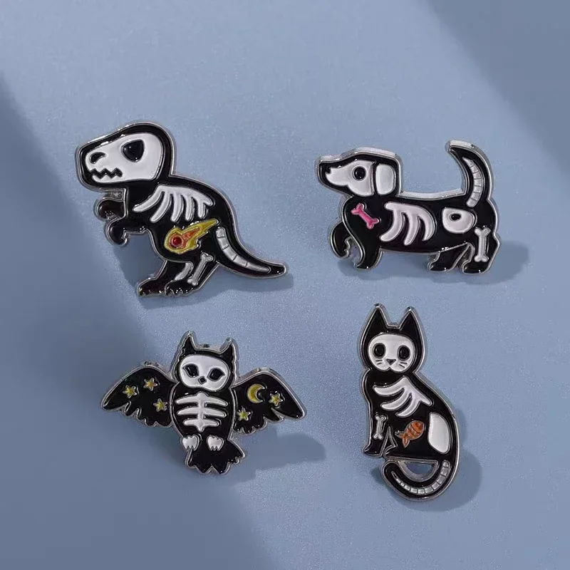 Skeleton Animal Enamel Pin Dinosaur Cat Dog Owl Bird Brooch Halloween Festival Pin Lapel Metal Badge for Kids Friends Wholesale