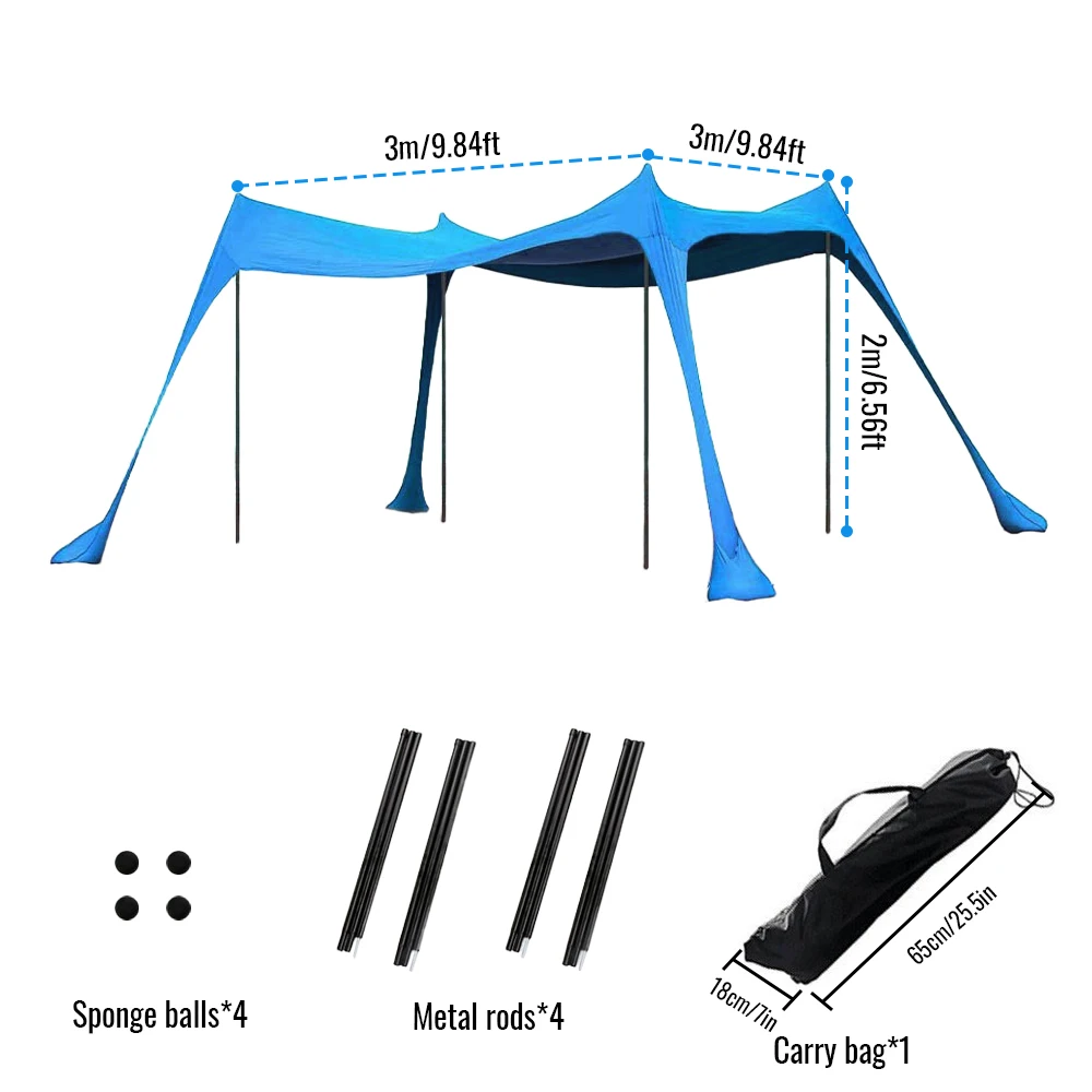Abri solaire de plage anti-UV, tente de plage portable avec supports métalliques épaissis, résistante au vent pour pique-nique familial et camping