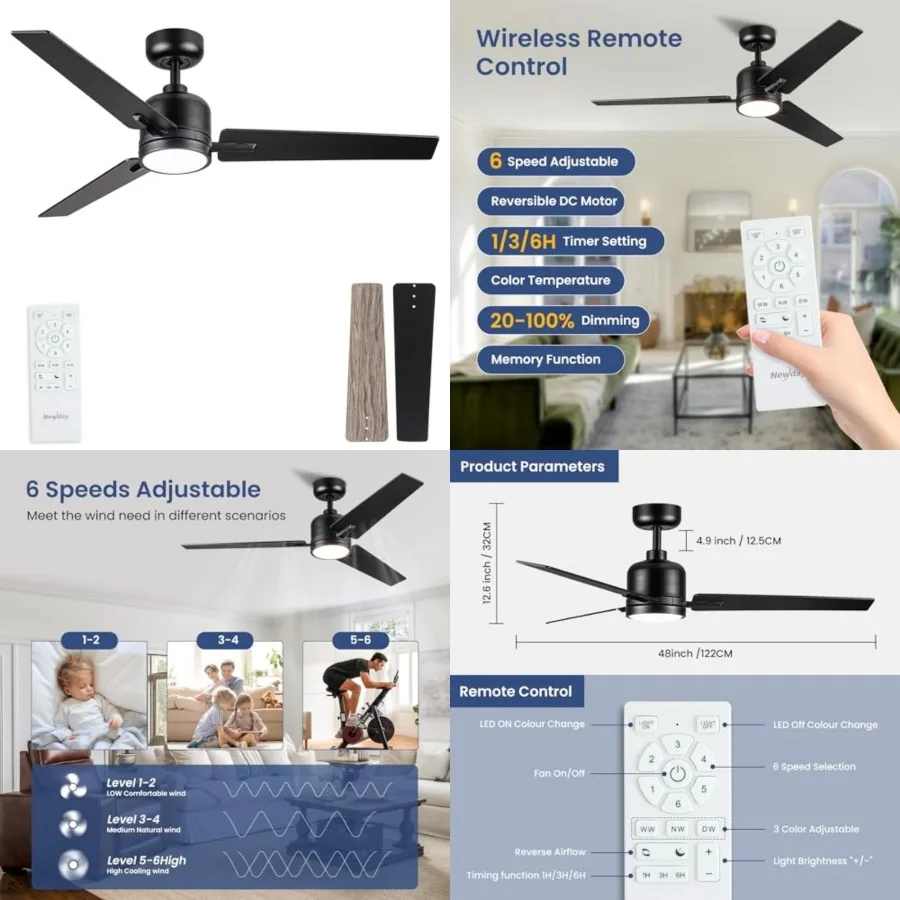 Ceiling Fans with Lights Remote, Ceiling Fans Dimmable 3 Color Temperature, Timer, 3 Blades, 6 Speed Modern Fan Quiet Reversibl