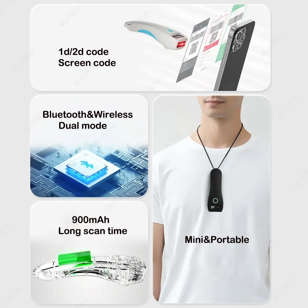 เครื่องสแกนบาร์โค้ดบลูทูธขนาดเล็กแบบพกพาไร้สาย รองรับ QR Code 1D 2D สำหรับงานขนส่ง โลจิสติกส์ และร้านค้า