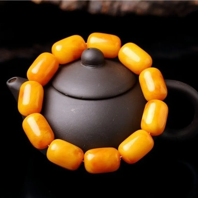 Amber Old Beeswax Barrel , Raw Stone, Unisex Style, Chicken Oil Yellow Round Bead Buddhist Bracelet