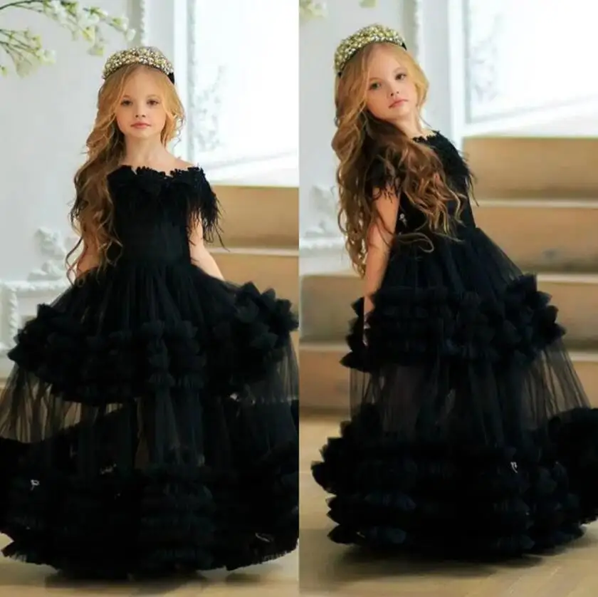 

Black Flowers Girls Dresses Tiered Ruffles Off Shoulder Kids Teens Pageant Gowns Birthday Party Dress For Girls