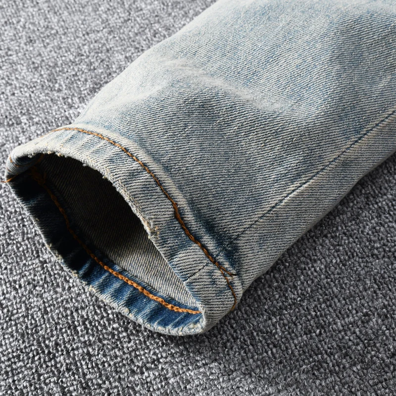 Street Designer Fashion Men Jeans High Quality Retro Light Blue Patched Ripped Jeans Men Stretch Slim Vintage Y2K Denim Pants