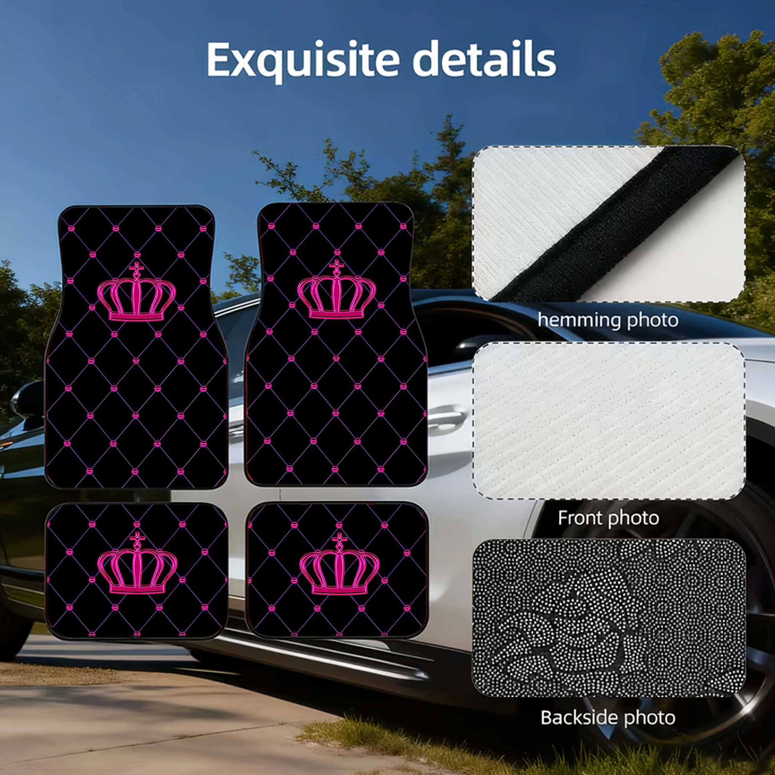 4pcs Car Floor Mats, Material, Bold Pink & Black Crown Grid Design, For Car Interiors, Stylish & Durable, Easy To Clean & Insta
