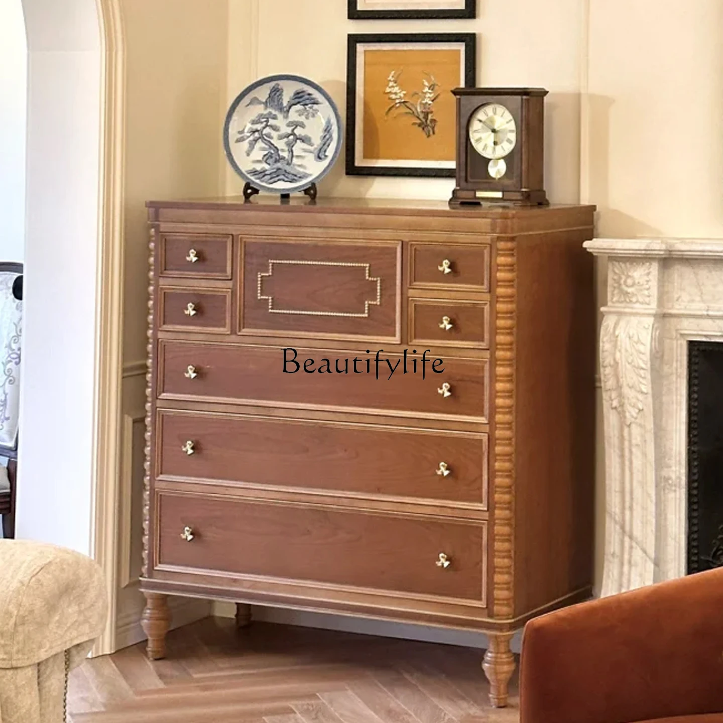 

American solid wood art sense living room cabinet French retro carved sofa next to storage locker