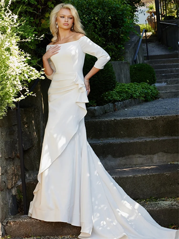 Robe de Mariée Sirène/Trompent en Mousseline de Soie, Longueur au Sol, Manches sulf, Décolletée, Traîne de Balayage, Bouton au Dos, pour Mariage