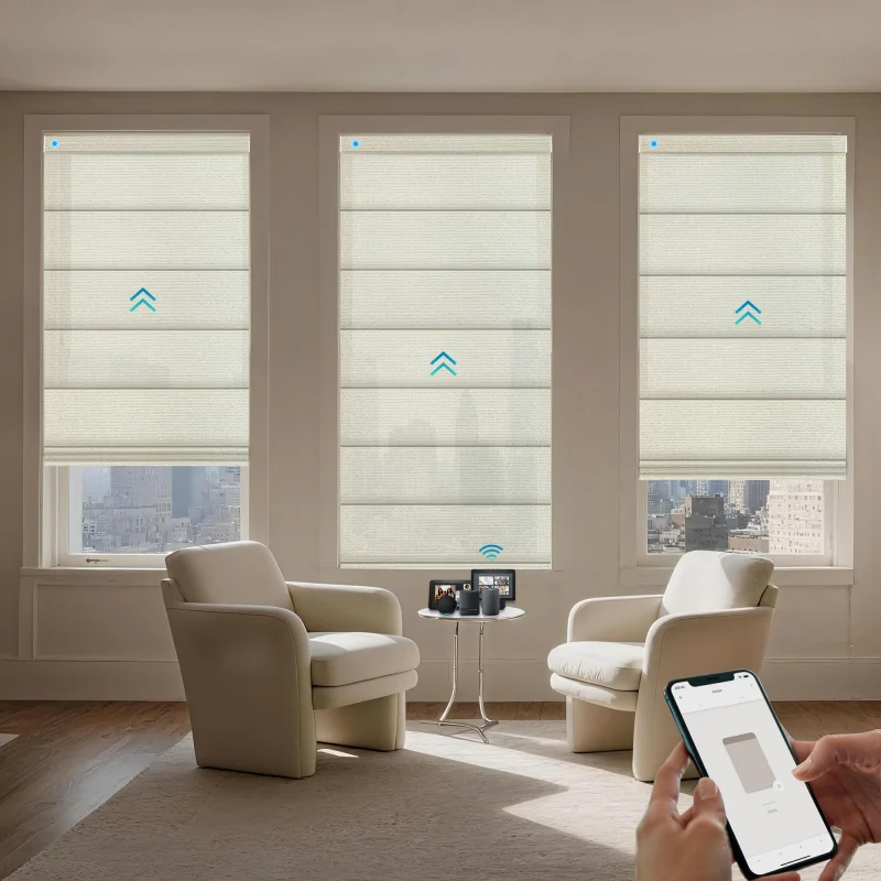 Customizable Blinds Light Filtering Fabric Rechargeable Motor Alexa Google Phone App To Control Electric Roman Blinds For Room