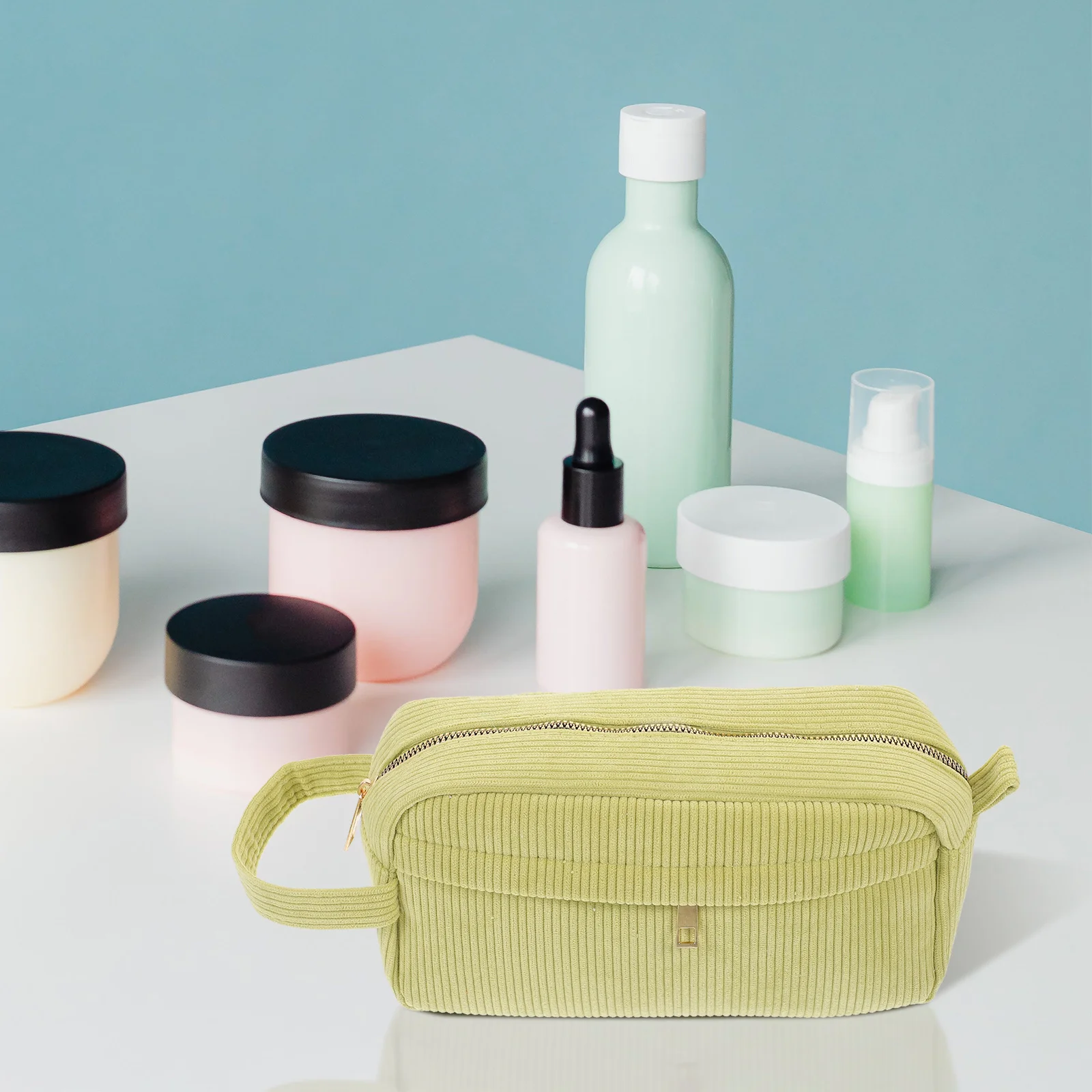 

Bag Makeup Organizer Travel Toiletry Case Hand Bum Zippered Storage Green Corduroy