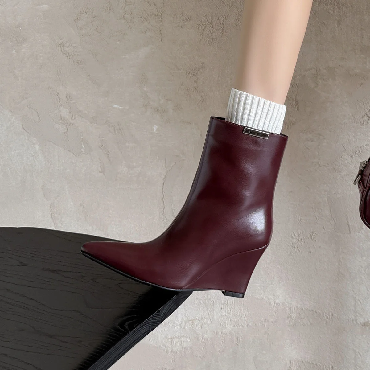 Arden Furtado Cowhide Wedges Modern boots Pointed toe Side zipper High-heeled Short boot Large size Women's Boots