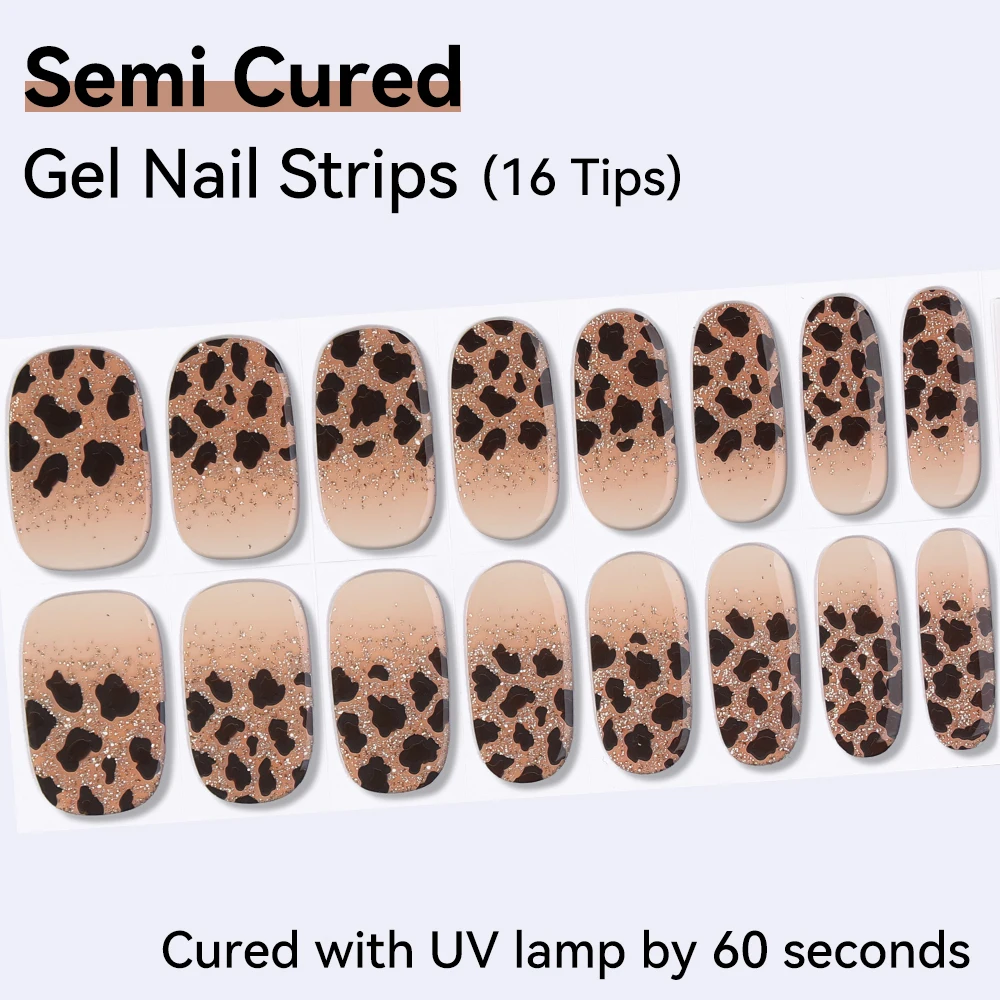 16Tips Nail Strips Leopard Stickers Semi Cured Full Cover Gel Nail Polish Strips Manicure French Print Nail Patch 3d sticke