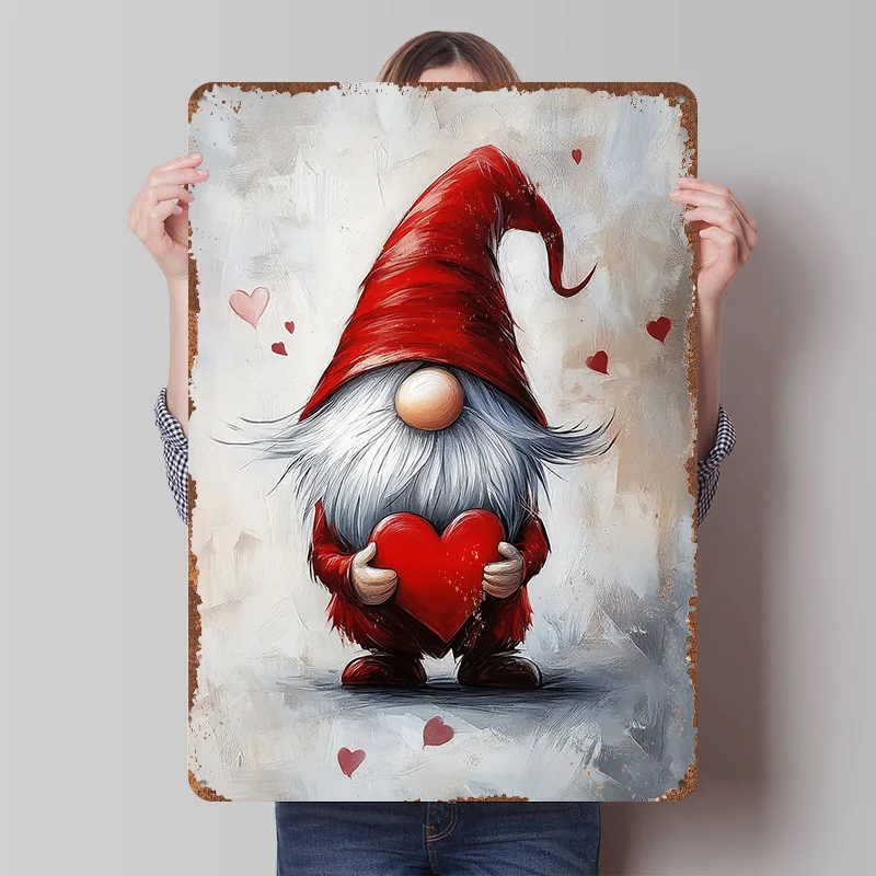 Valentinstag-Gnom mit Herz Bedrucktes Poster Individualisierte Wandkunst Retro Vintage Metallschilder zur Heimdekoration