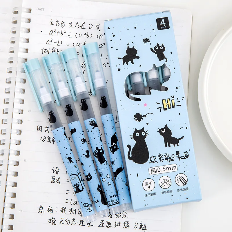 

4 шт./кор., гелевые ручки с милым мультяшным черным котом и бантом, быстросохнущие ST, гладкие, 0,5 мм, черные чернильные ручки, школьные канцелярские принадлежности, офисные принадлежности