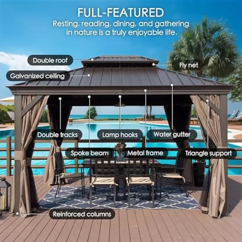 Modern Rectangular Hardtop Gazebo 10 Feet by 12 Feet with Galvanized Steel Roof Double-Layer Curtains Reinforced Aluminum Frame