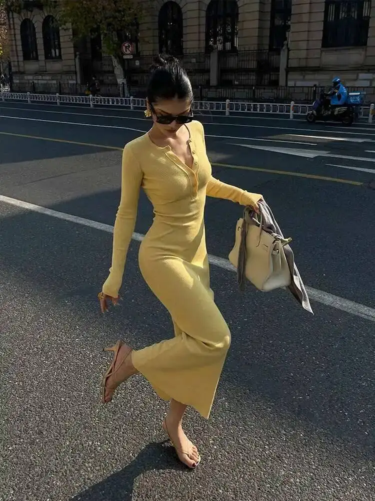 Vestido de malha amarelo com decote em v, manga comprida, elegante para mulheres, suéter amarelo fino, vestido longo, quente, sexy, moda feminina, vestidos qh4m