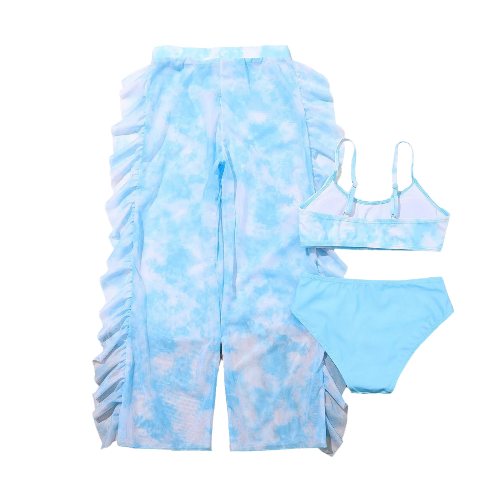 Kids Girls 3Pcs Swimsuit Printed Tops and Shorts Bottoms Bikini Set with Mesh Pants Swimwear Bathing Suit for Surfing Diving