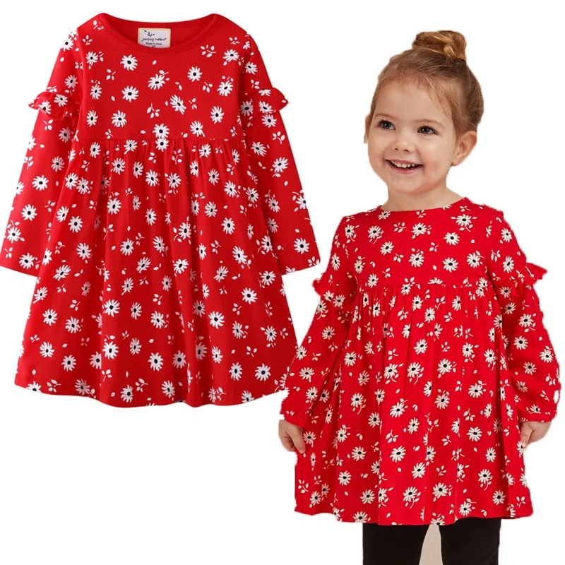 Casual Children Floral Dresses Crew-neck Splicing Long-sleeved Clothing Red Blossom Dress Girls Costume Christmas Carnival 2-7Yr