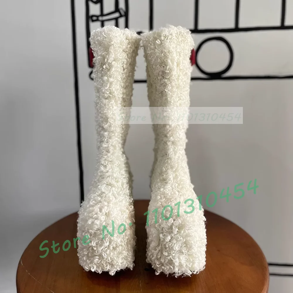 White Platform Wool Knee High Boots With Bowknot Decal Women Lovely Warm Furry Snow Boots Women Outfit Slouchy Side-zipper Shoes