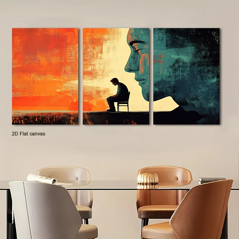 Set of 3pcs of 2D Flat Canvas Art Depicting Solitude in a Enormous Profile, Ideal for Decorating Rooms, Offices, Homes, And B