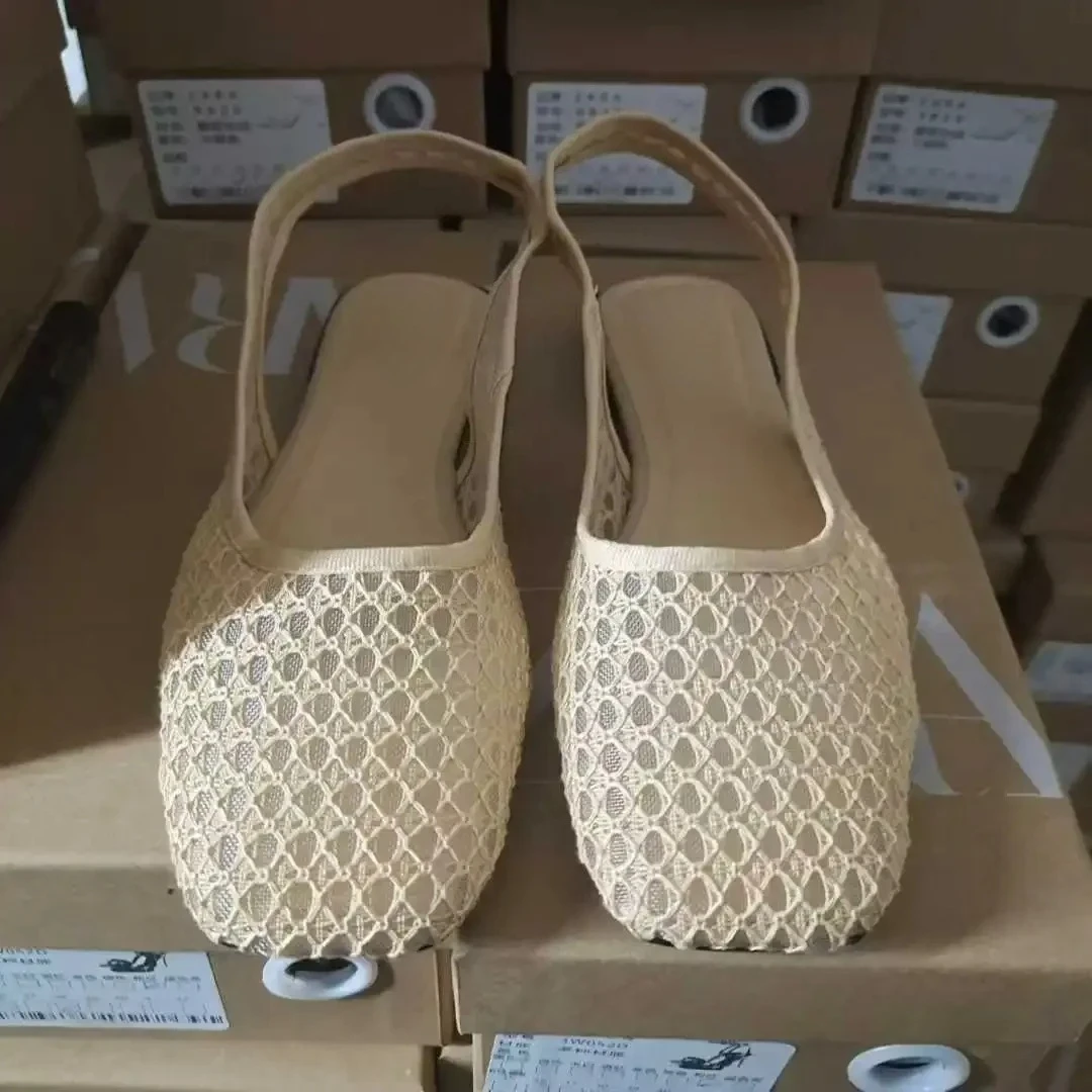 Solid Color Versatile Women's Shoes: Square Head, Fishing Net Pattern, Medium Mouth, Large Size 35-42, Rear Strap & Hollow Flat